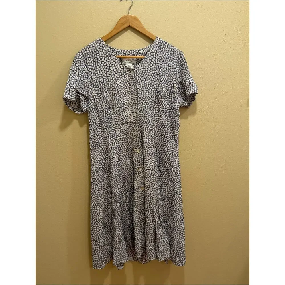 Vintage Talbots Sara Campbell Button-Front Floral Dress in Cream Navy 10